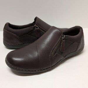 Earth Origins Perla Leather Side-Zip Slip-On Loafers in Walnut Brown